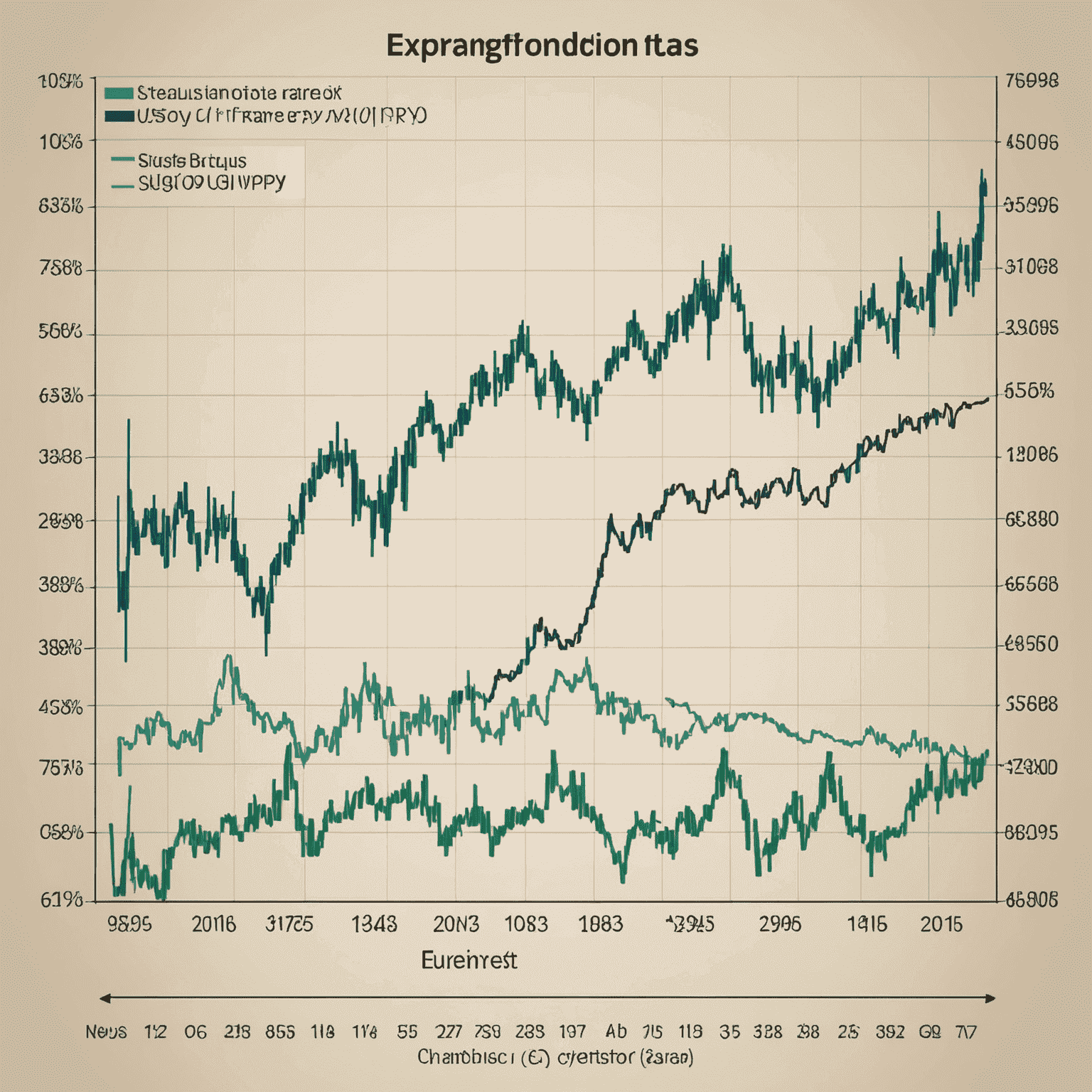 A graph showing fluctuations in exchange rates between major currencies like USD, EUR, GBP, JPY