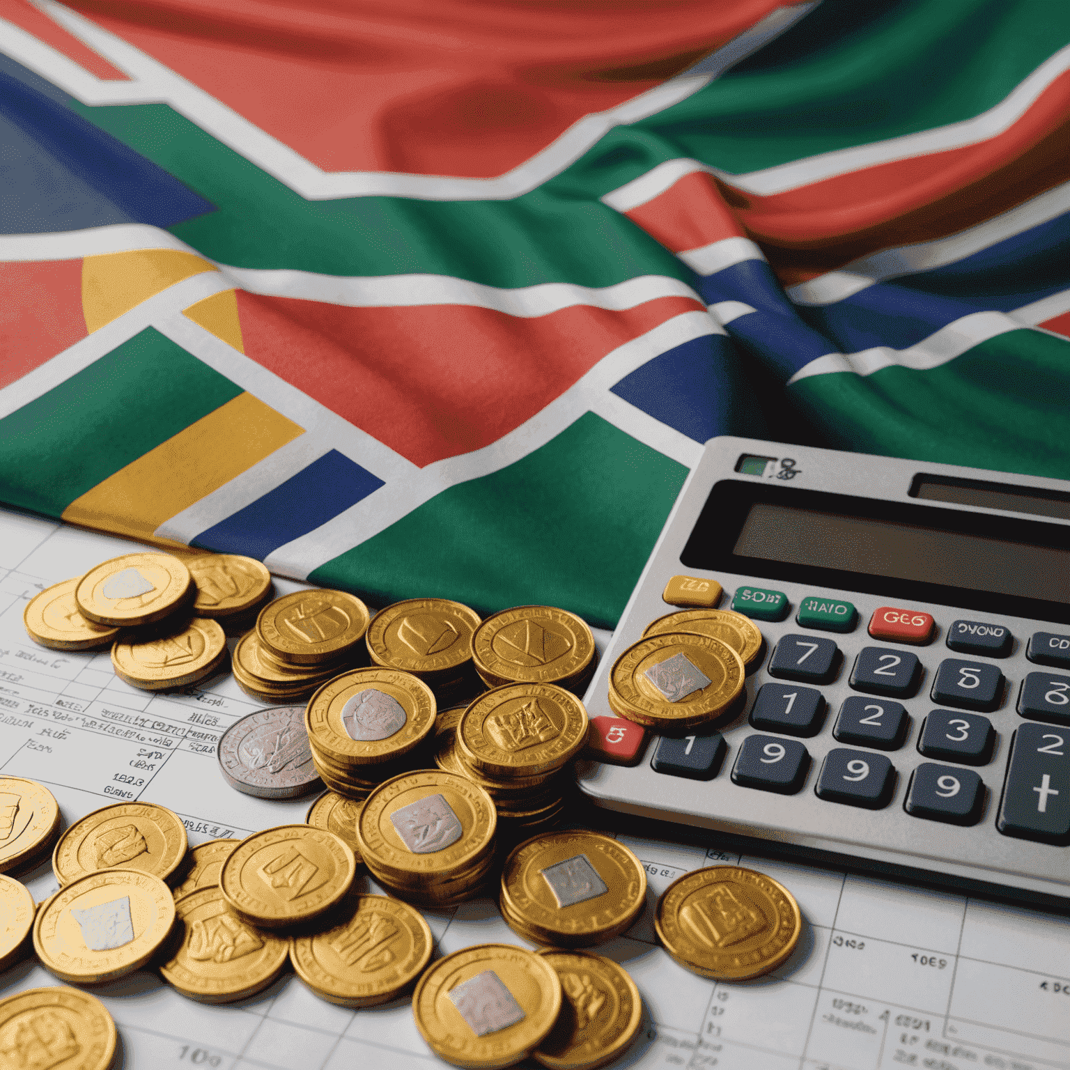 South African flag with gold coins and calculator, representing tax optimization for businesses