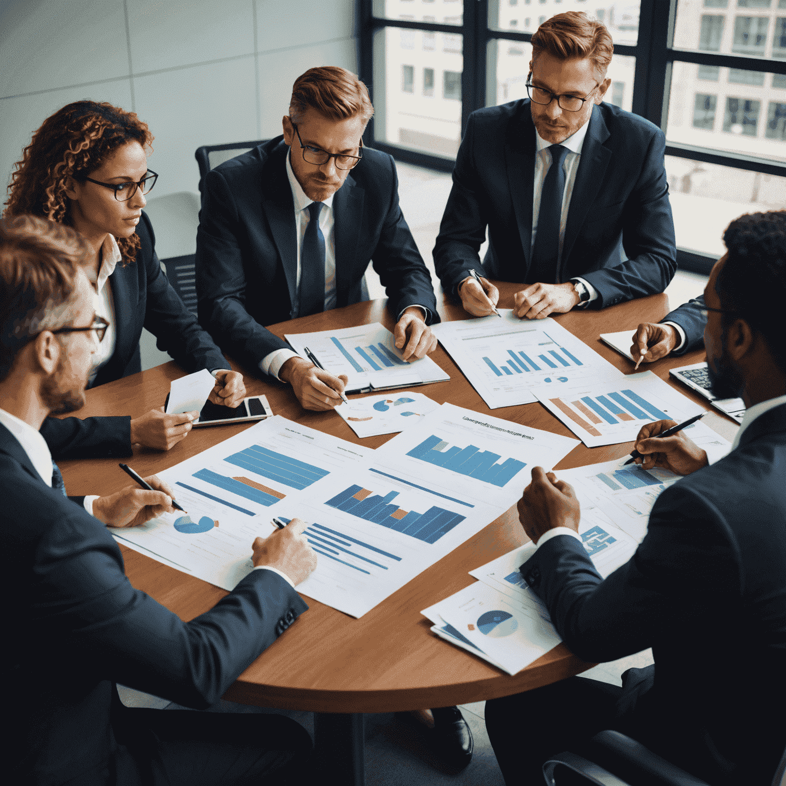 Business professionals discussing funding opportunities at a conference table with financial documents and charts