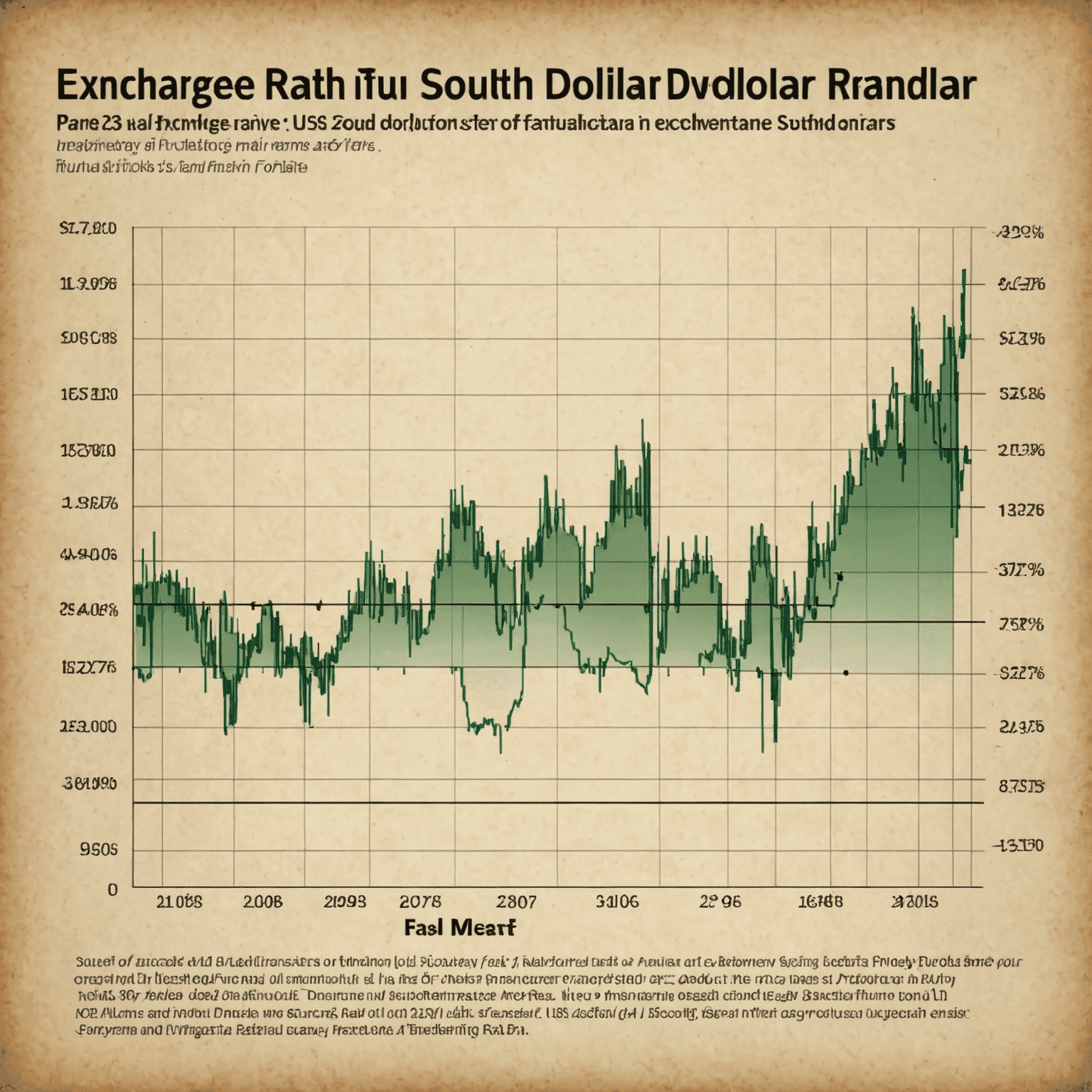 Graph showing fluctuations in the exchange rate between the South African Rand and US Dollar over time