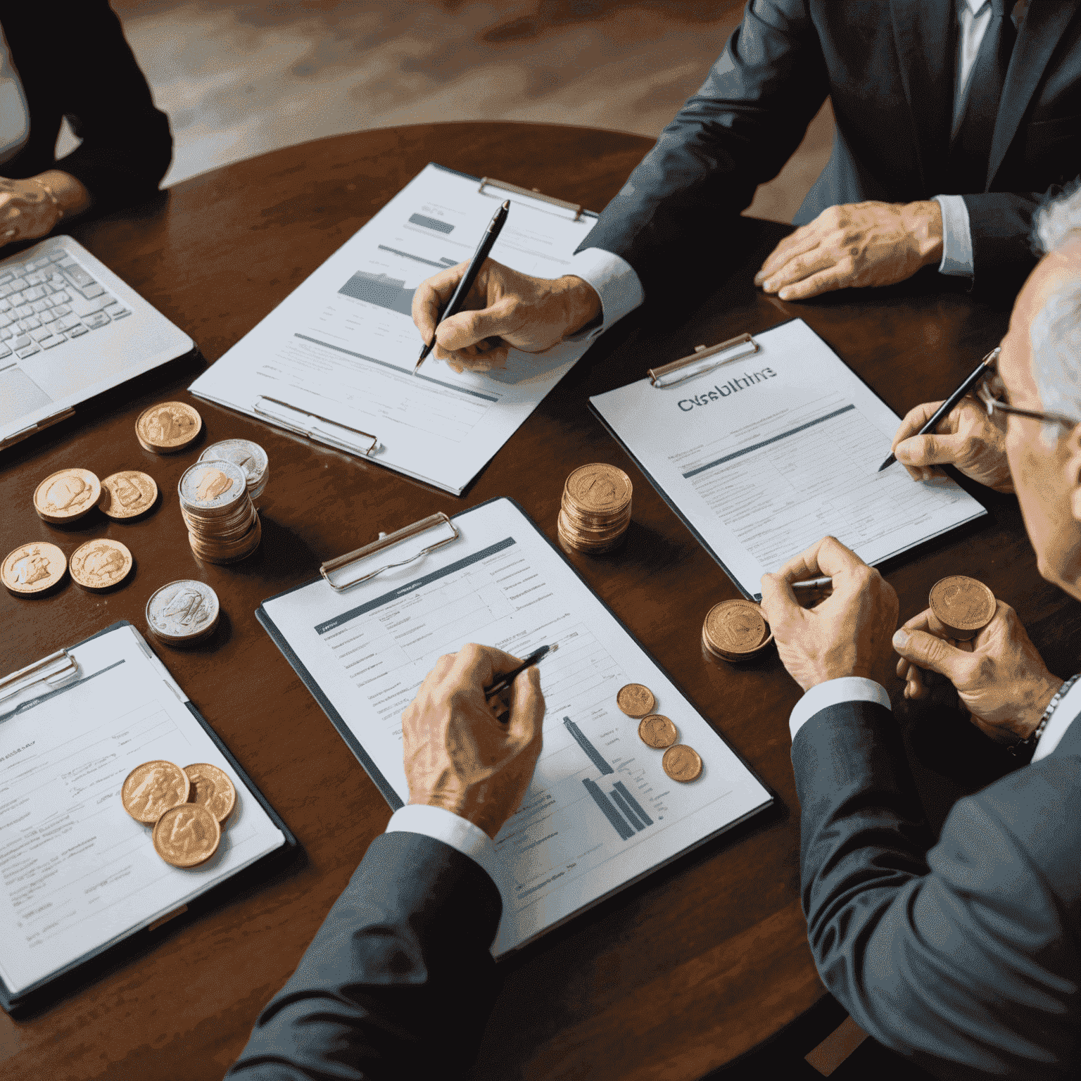 A financial consultant meeting with a business owner, discussing financial reports and growth strategies over a table with gold and silver coins