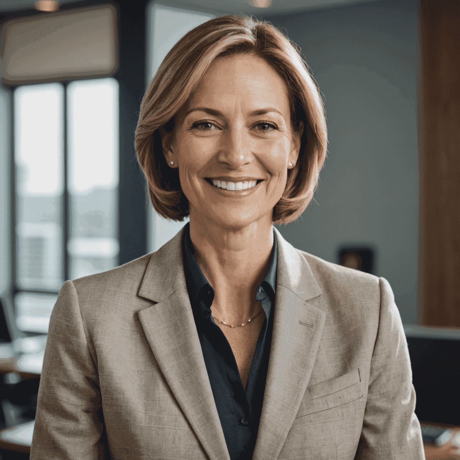 Portrait of the Chief Financial Officer, a woman in her 40s wearing a professional outfit and smiling