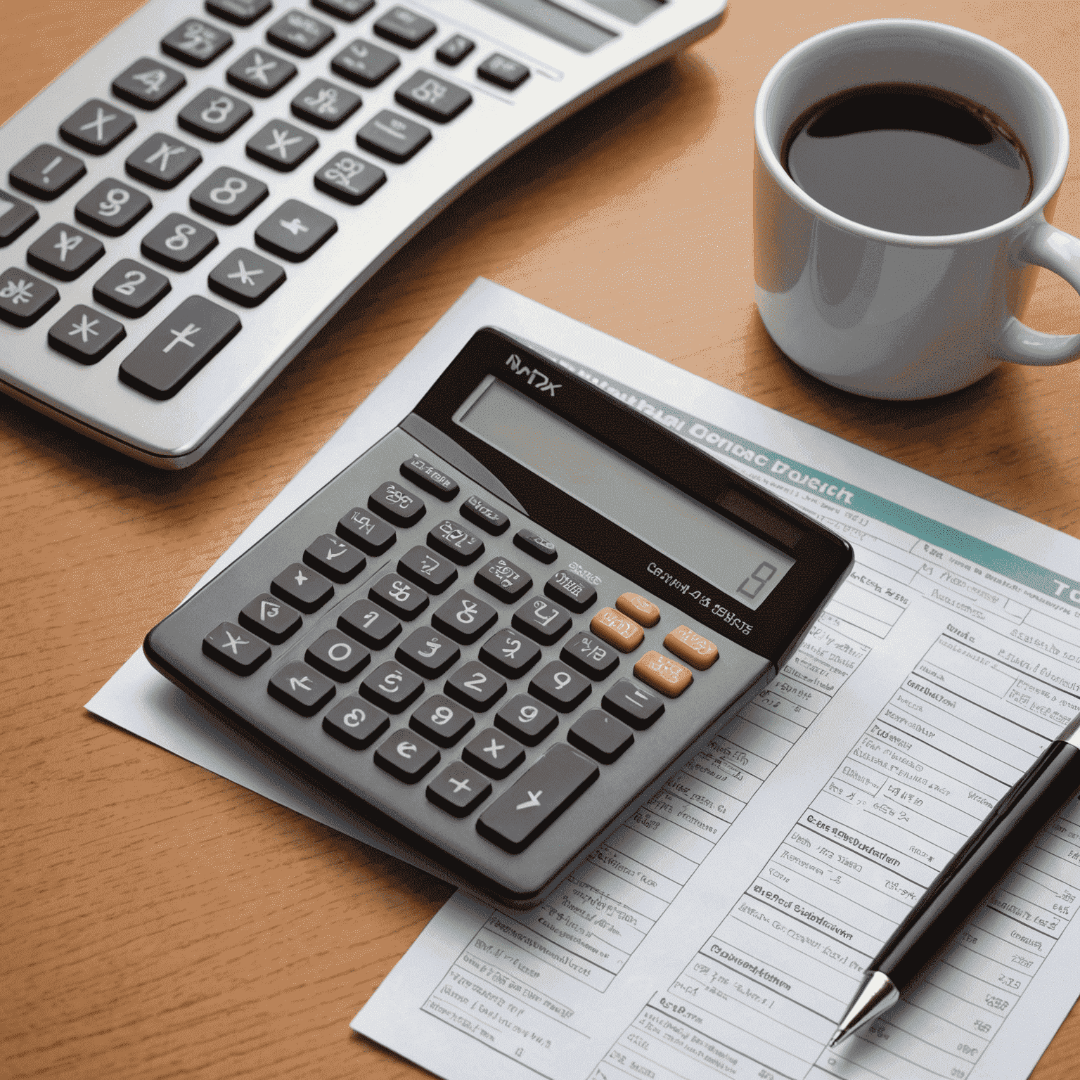 A calculator, pen, and tax forms on a desk