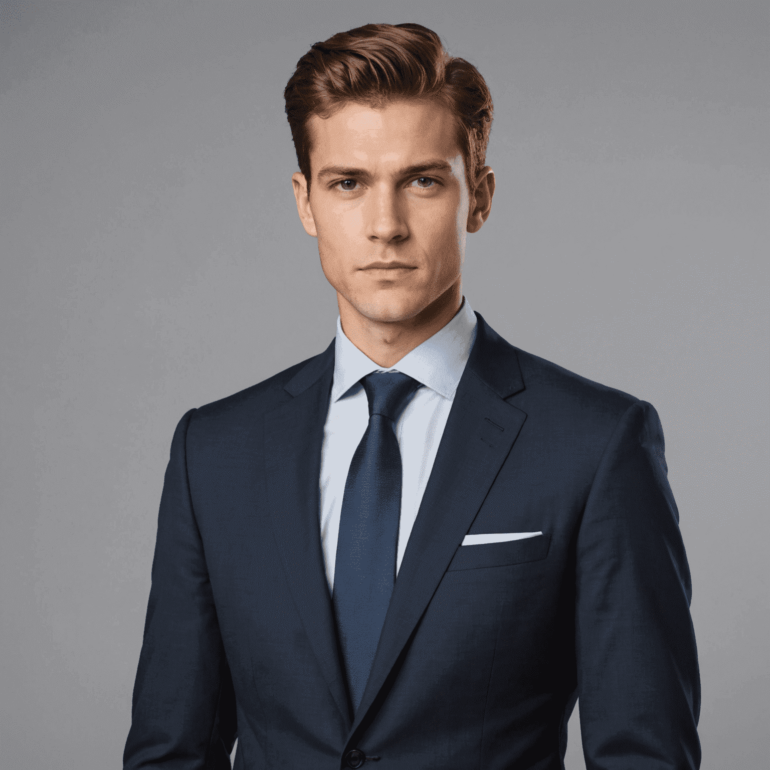 Portrait of the portfolio Manager, a young man in a suit with a serious and focused expression